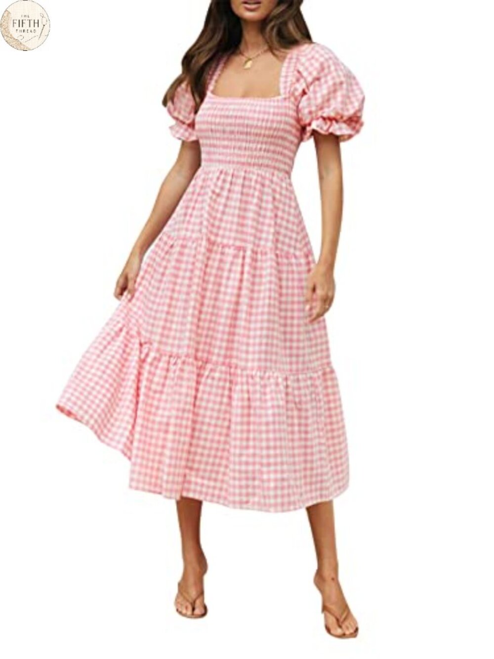Boho Gingham Puff Sleeve Square Neck Midi Dress